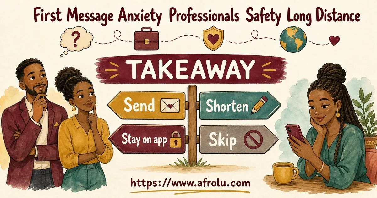 First Message Anxiety: Send a Doorway, Not an Audition for Professionals: Safety-first in Distance-Aware Dating: Afrolu practical takeaway
