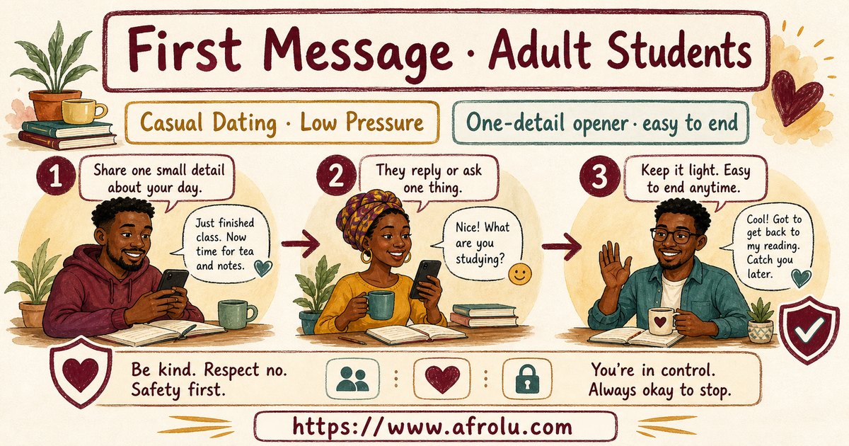 First Message Anxiety: Send a Doorway, Not an Audition for Students: Low-pressure in Casual-But-Honest Dating: Afrolu overview illustration