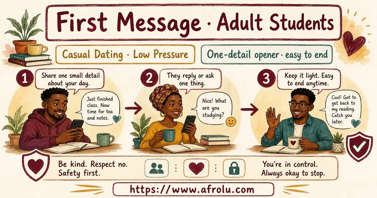 First Message Anxiety: Send a Doorway, Not an Audition for Students: Low-pressure in Casual-But-Honest Dating: Afrolu overview illustration