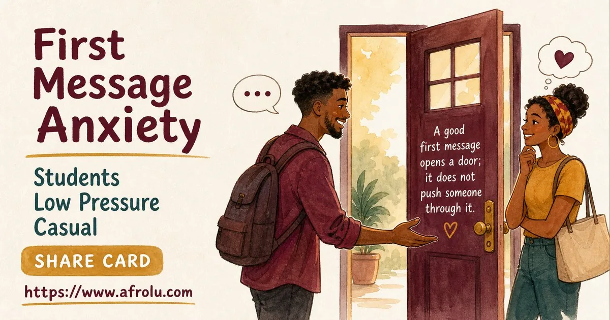 First Message Anxiety: Send a Doorway, Not an Audition for Students: Low-pressure in Casual-But-Honest Dating: Afrolu shareable reminder