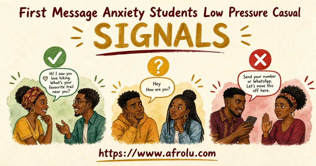 First Message Anxiety: Send a Doorway, Not an Audition for Students: Low-pressure in Casual-But-Honest Dating: Afrolu signal checklist