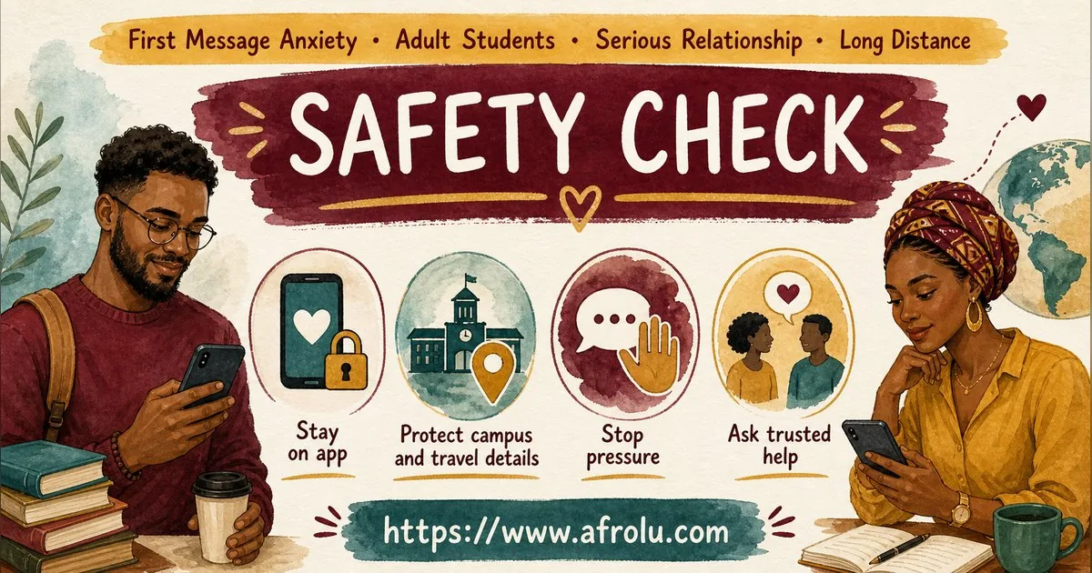 First Message Anxiety: Send a Doorway, Not an Audition for Students: Intent-first in Distance-Aware Dating: Afrolu safety checklist