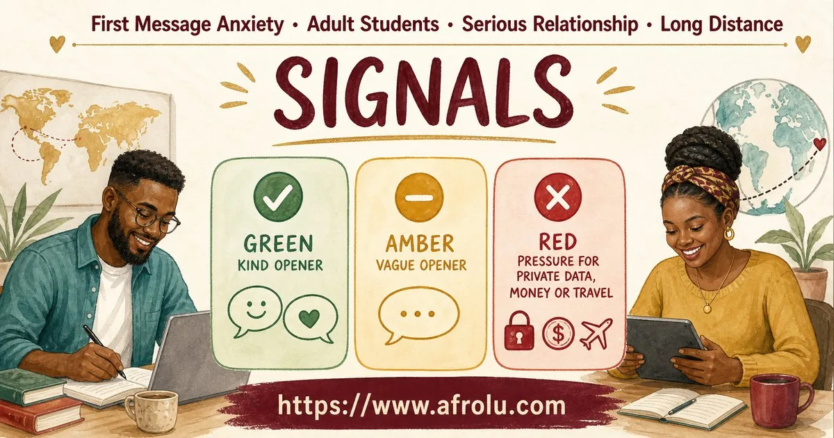 First Message Anxiety: Send a Doorway, Not an Audition for Students: Intent-first in Distance-Aware Dating: Afrolu signal checklist