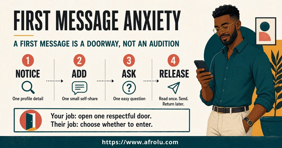 First message anxiety guide showing a four-step doorway message instead of an audition