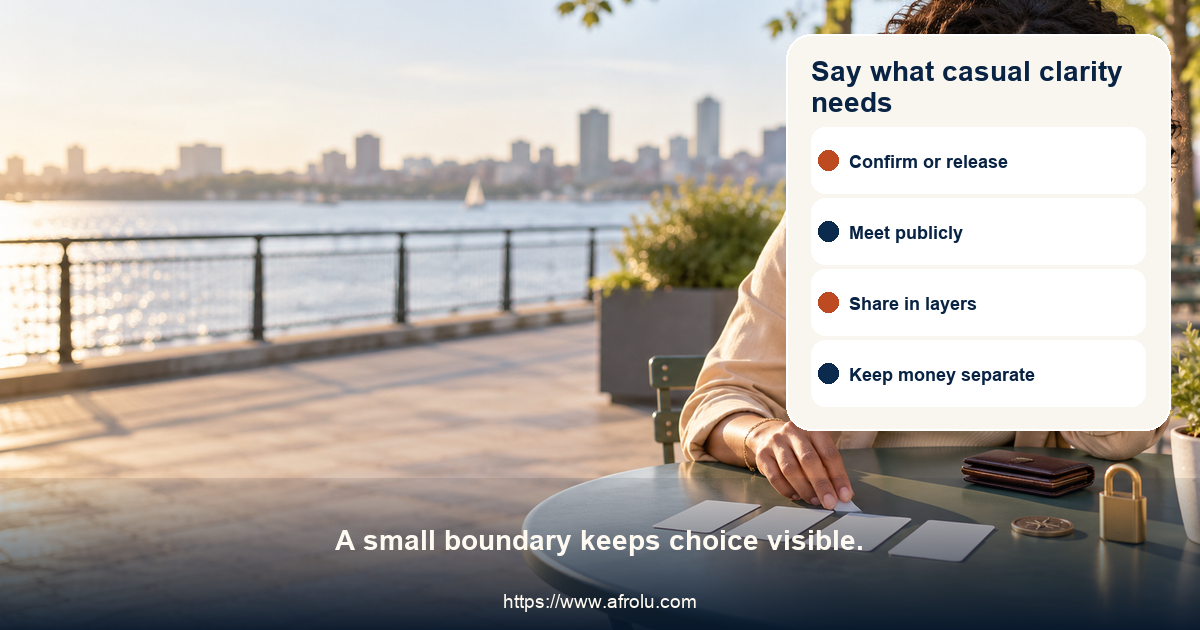 Four plain-language cards offer a casual clarity line, a public-plan preference, a privacy boundary and a refusal of money or mutual-contact pressure