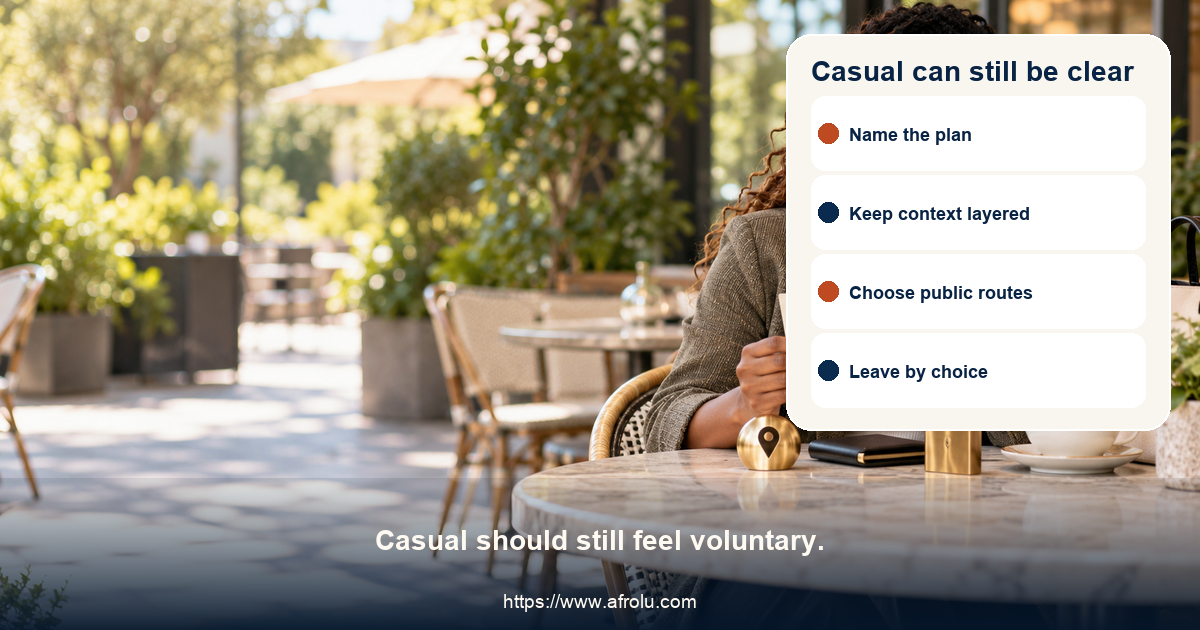 Fictional adult considers a clear casual dating plan at a public daytime table beside a privacy card, an independent transport cue, a calm boundary note and a personal calendar