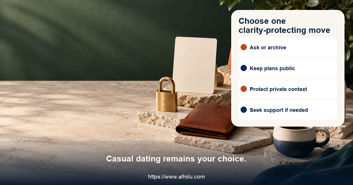 Equal-choice action board for casual diaspora ghosting offers ask once, release a plan, keep dates public, share less, keep money separate, protect community space, end contact and seek support
