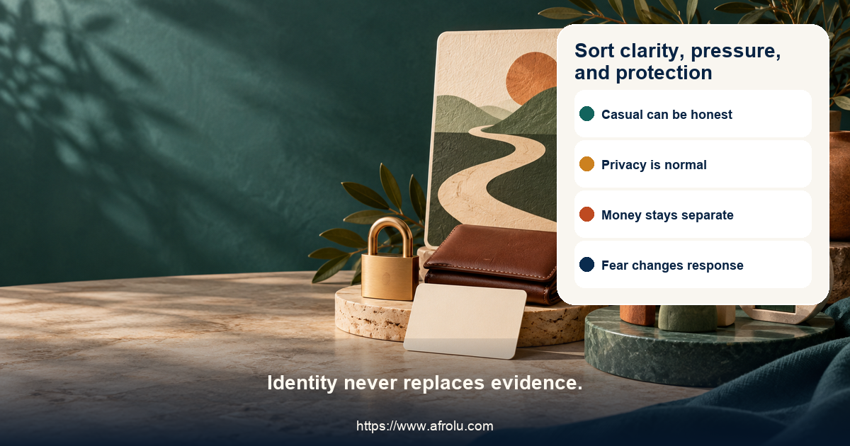 Three-lane casual dating board separates a clear pace mismatch and repair from privacy or money pressure, mutual-contact pursuit, repeated contact and fear