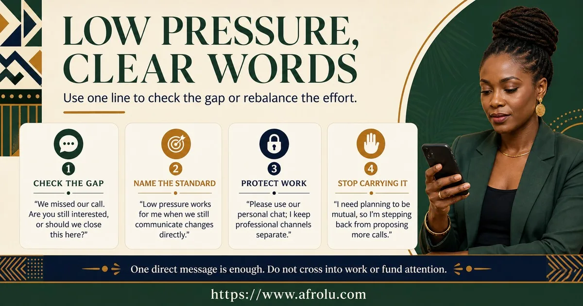 A diaspora professional chooses one short message to check a missed call, name a low-pressure communication standard, keep work private, or stop carrying every plan.