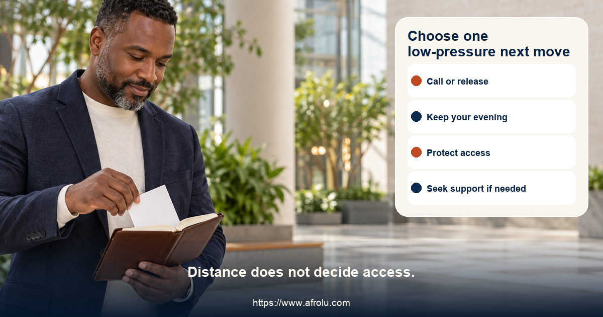 Equal-choice action board for long-distance ghosting offers choose a call window, release a plan, keep an independent evening, meet publicly, protect privacy, decline money, end contact and seek support