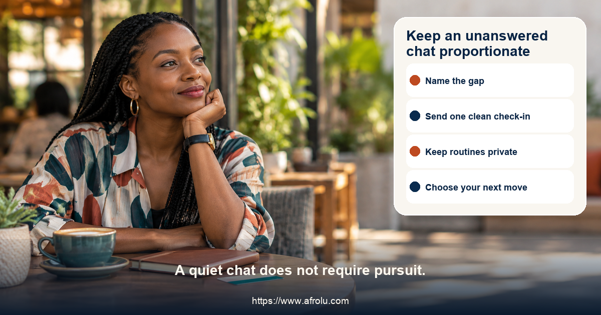 Fictional adult diaspora dater in a Nairobi public cafe considers an unanswered chat beside a calm four-step map, independent transport card, privacy lock and trusted-support note