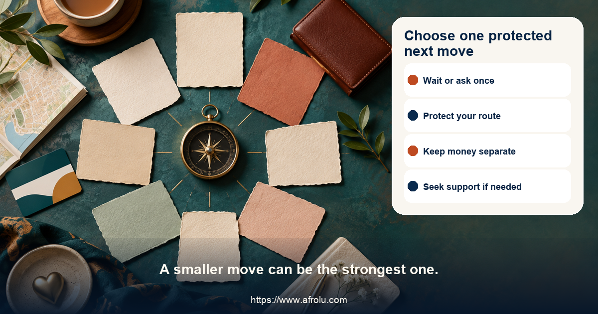Equal-choice action board for diaspora dating after ghosting offers wait, check in once, archive, keep a plan public, protect data, decline money, end contact and seek support