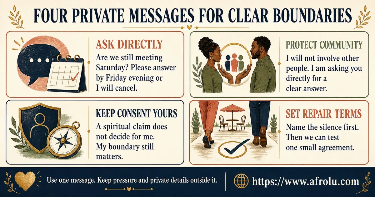 Four script cards help faith-led Nairobi daters ask directly about Saturday, keep community out of pressure, preserve consent against spiritual claims, and set accountable repair terms.