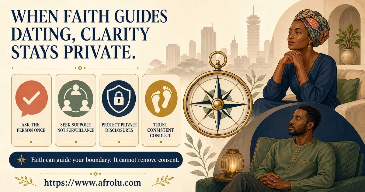 Two Nairobi adults beside a compass and four cards advising faith-led daters to ask the person once, seek support rather than surveillance, protect private disclosures, and trust consistent conduct.