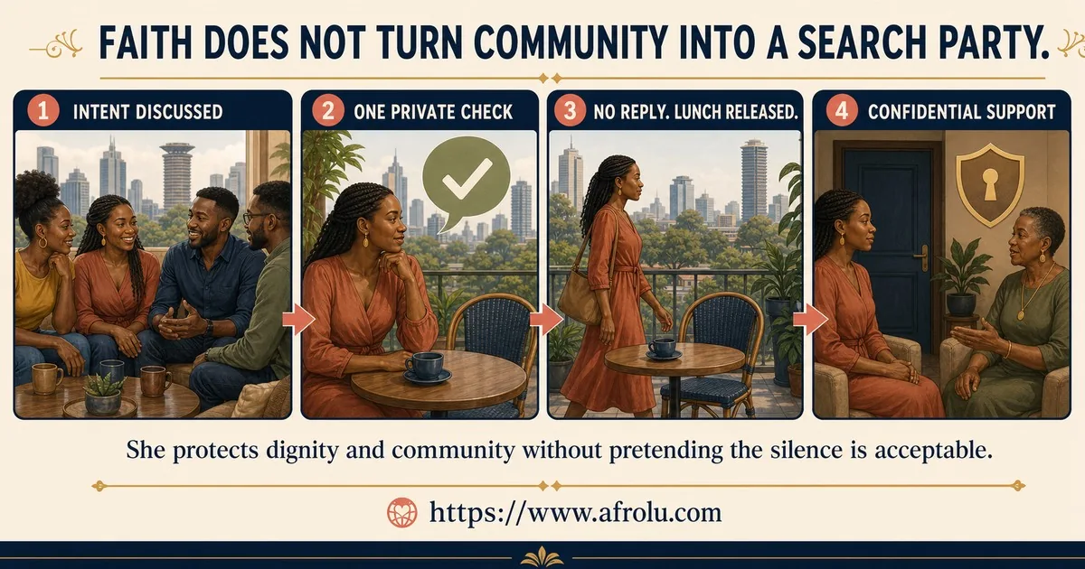 Four panels show Faith and Joseph discussing intent with mutual friends, Faith making one private check alone, releasing an unanswered Nairobi lunch, and seeking confidential support from one mentor.