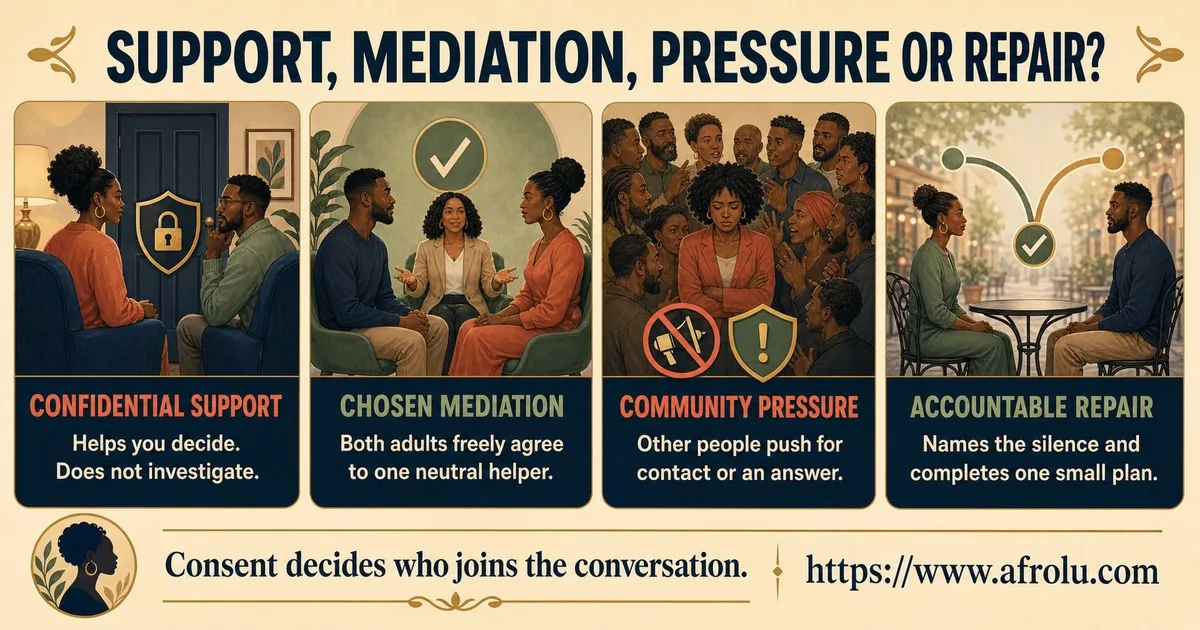 Four cards compare confidential support for one dater, mediation freely chosen by both adults, community pressure for contact, and accountable repair through one completed small plan.