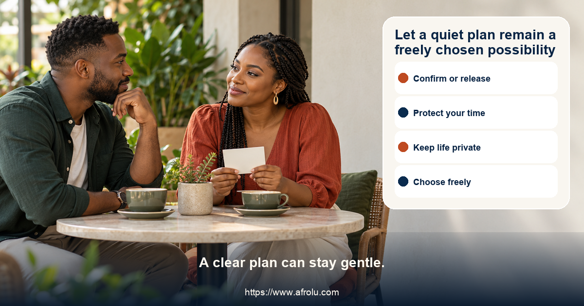 Fictional adult in a neutral public cafe considers a low-pressure dating choice map with confirm, protect time, keep life private, and choose freely cards