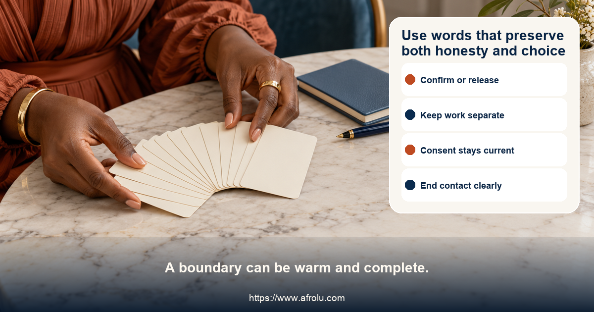 Twelve adult faith-aware dating boundary scripts cover plans, work capacity, public meetings, values, work privacy, money, consent, ending contact, and escalation