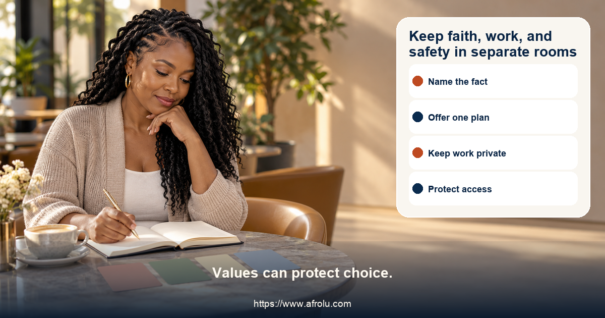 Fictional adult Black woman in a calm public cafe reviews a faith-aware career dating choice map with work privacy shield, public plan card, money boundary, and leave option