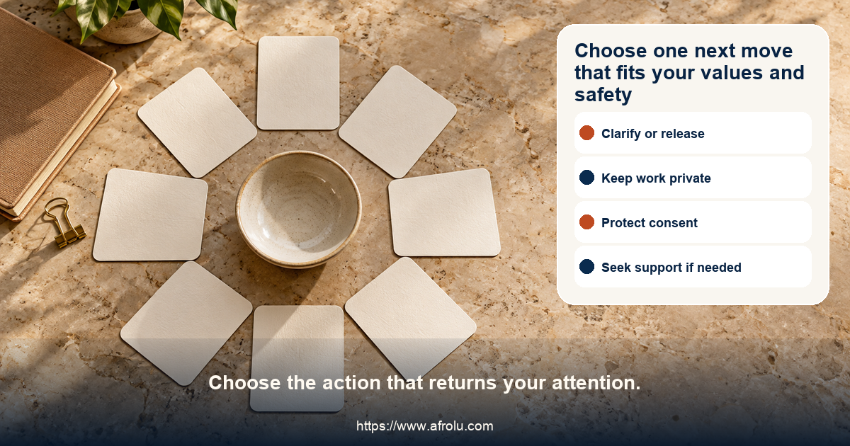 Equal-choice faith-aware career ghosting action board offers clarify once, release time, test a public return, keep work private, decline money, protect consent, end contact, and seek support
