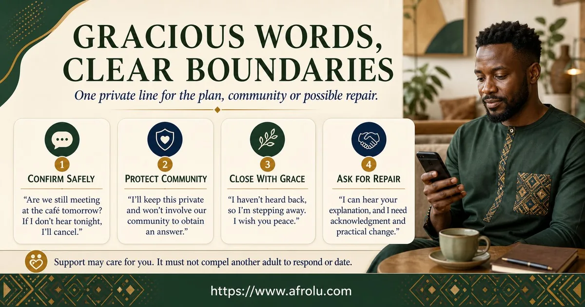 An adult chooses one private line to confirm a safe public plan, protect community privacy, close with grace, or ask for accountable repair.