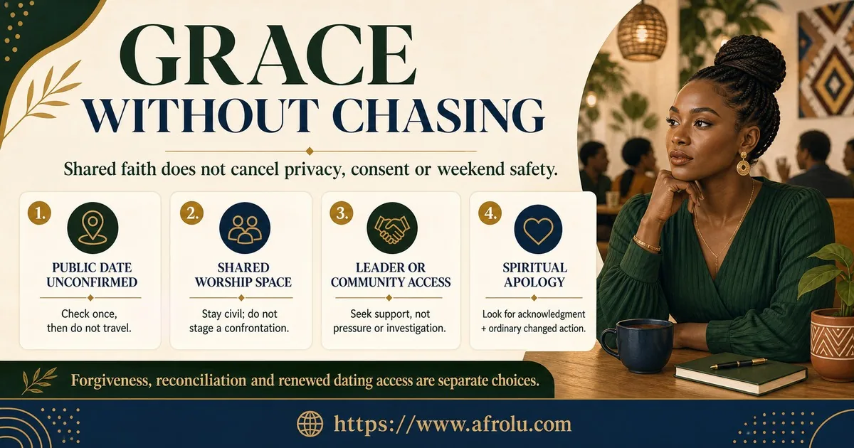 An adult in faith-led dating checks an unconfirmed public date once, keeps worship and community spaces peaceful, and judges an apology through ordinary changed action.