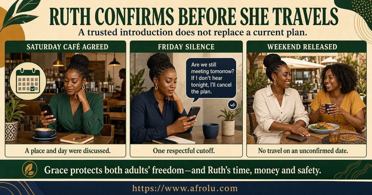 Ruth sends one respectful confirmation cutoff, does not travel to an unconfirmed faith-led date, and enjoys a safe weekend plan with a friend.