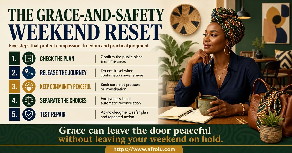 An adult checks a public plan once, releases unconfirmed travel, keeps community peaceful, separates forgiveness from reconciliation, and tests repair through repeated action.