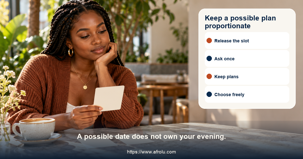 Fictional adult in a calm public cafe considers a casual dating choice map with release time, ask once, small plan, and choose freely cards