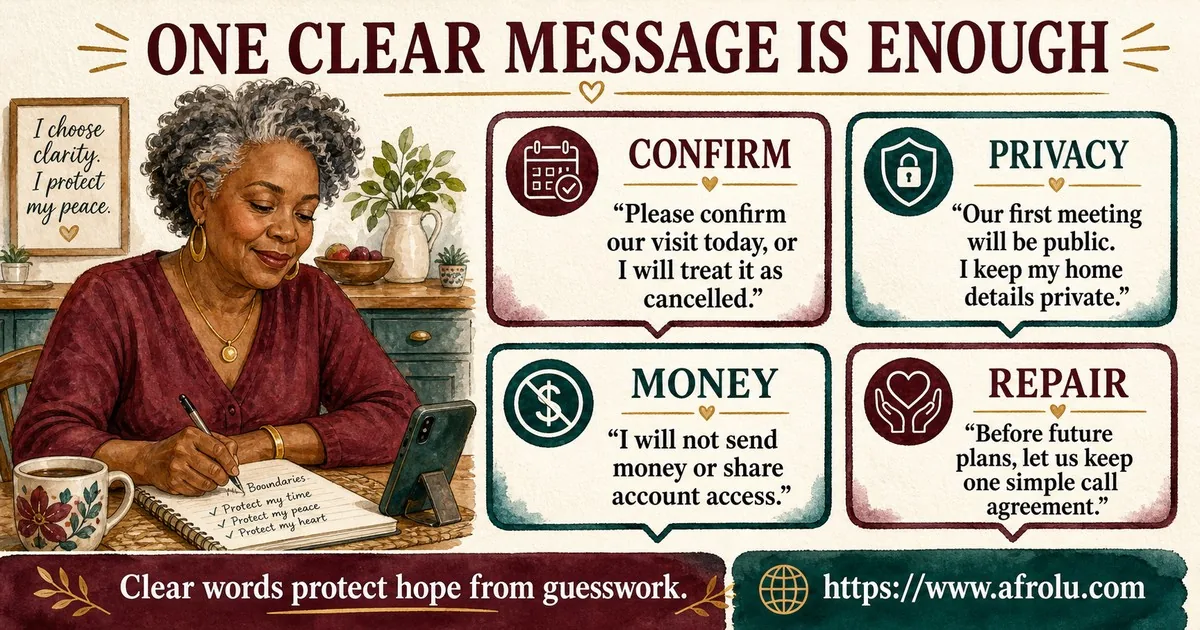 A mature woman writes one clear message beside four scripts for confirming a visit, protecting home details, refusing money pressure, and testing repair.
