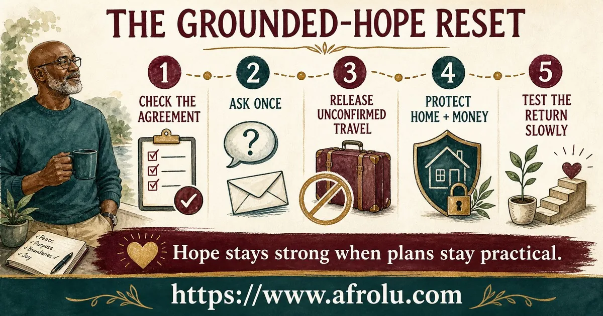A mature man follows five steps: check the agreement, ask once, release unconfirmed travel, protect home and money, and test a return slowly.