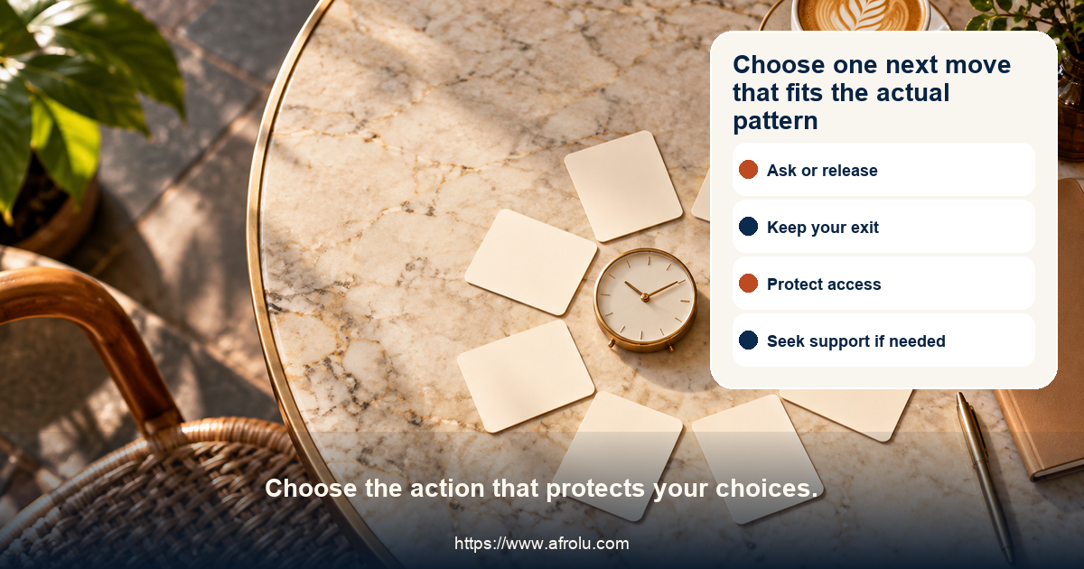 Equal-choice adult Nairobi ghosting safety action board offers ask once, confirm public plan, keep independent exit, protect privacy, decline money, end contact, and seek support