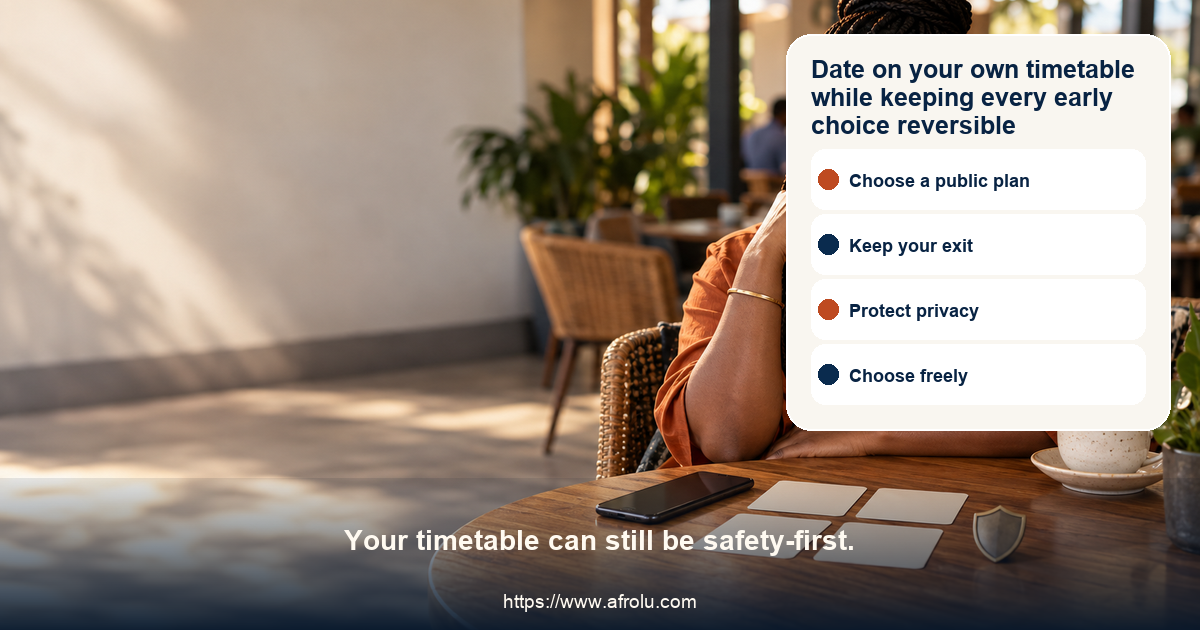 Fictional adult Black dater in a neutral Nairobi public cafe reviews a safety choice map with public plan, independent exit, private boundary, and leave option cards