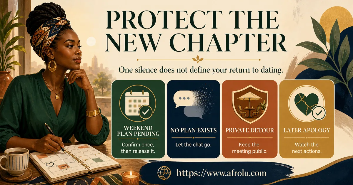Adult returning to dating protects a new chapter by confirming a pending weekend plan, letting an unplanned chat go, keeping a changed meeting public, and watching actions after an apology.