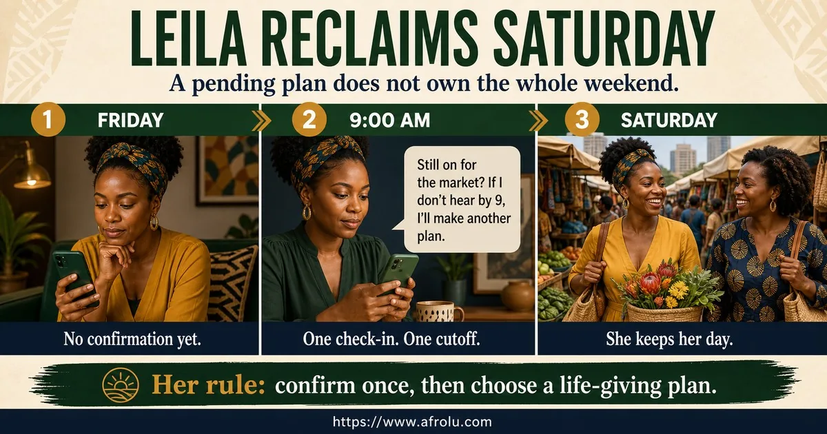 Leila checks once for a Saturday market confirmation, sets a 9 AM cutoff, then enjoys the Nairobi market with a friend.