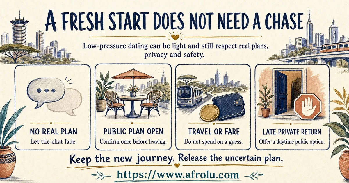 Four cards tell adults dating again in Nairobi to let an unplanned chat fade, confirm a public plan once, avoid spending fare on a guess, and keep a late return in public.