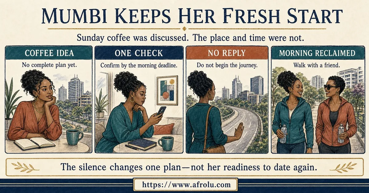 Mumbi moves from a vague Sunday coffee idea to one morning confirmation, does not begin an unconfirmed Nairobi journey, and walks with an adult friend instead.