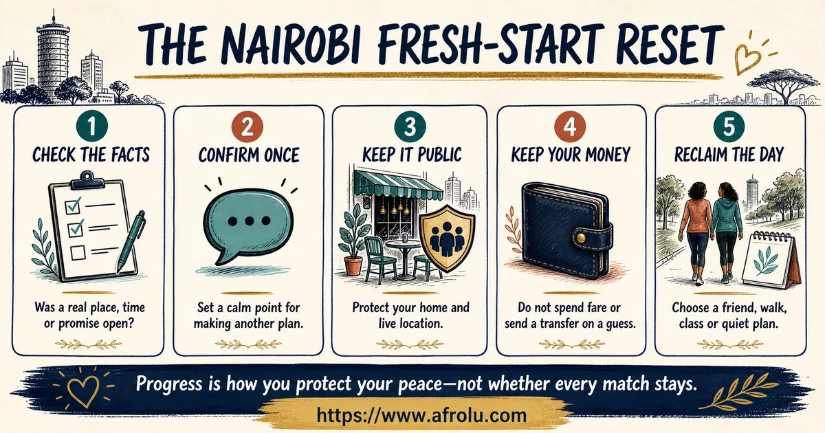 Five cards tell an adult dating again in Nairobi to check facts, confirm once, keep meetings public, protect money, and reclaim the day with a valued plan.