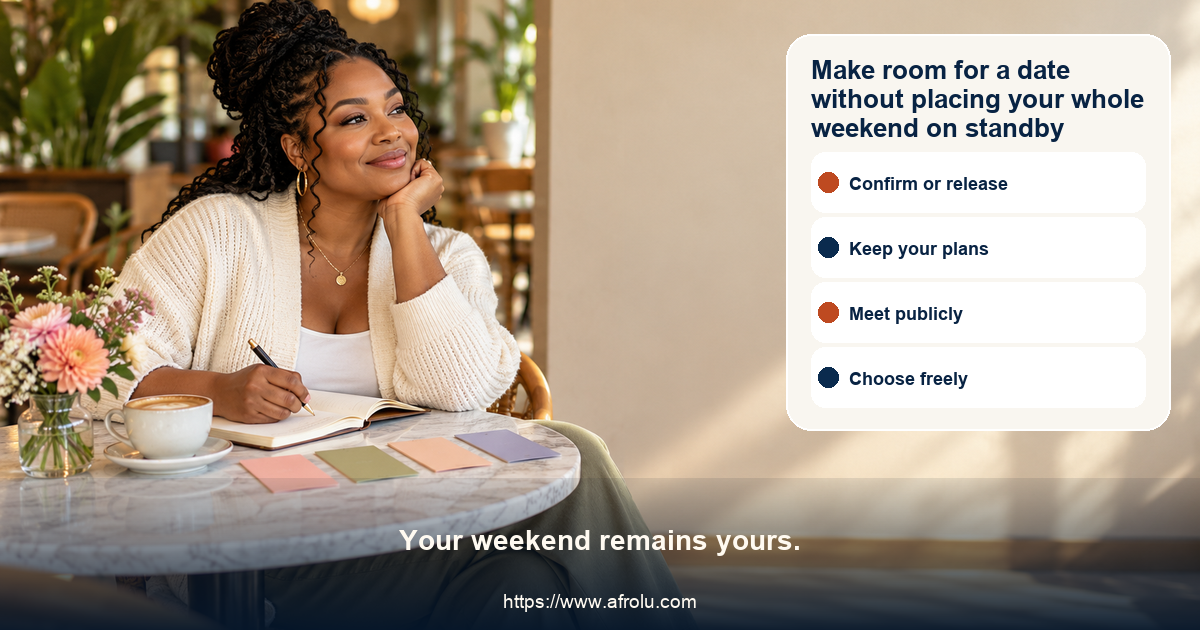 Fictional adult Black dater in a calm public cafe reviews a low-pressure weekend choice map with confirm plan, keep own plans, public first date, and leave option cards