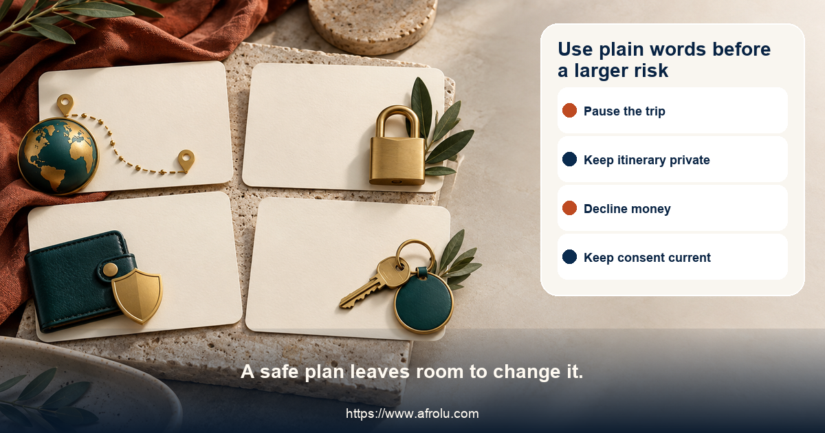 Four plain-language adult boundary cards show pausing travel, keeping itinerary private, declining money and requiring separate lodging after a long-distance ghosting experience