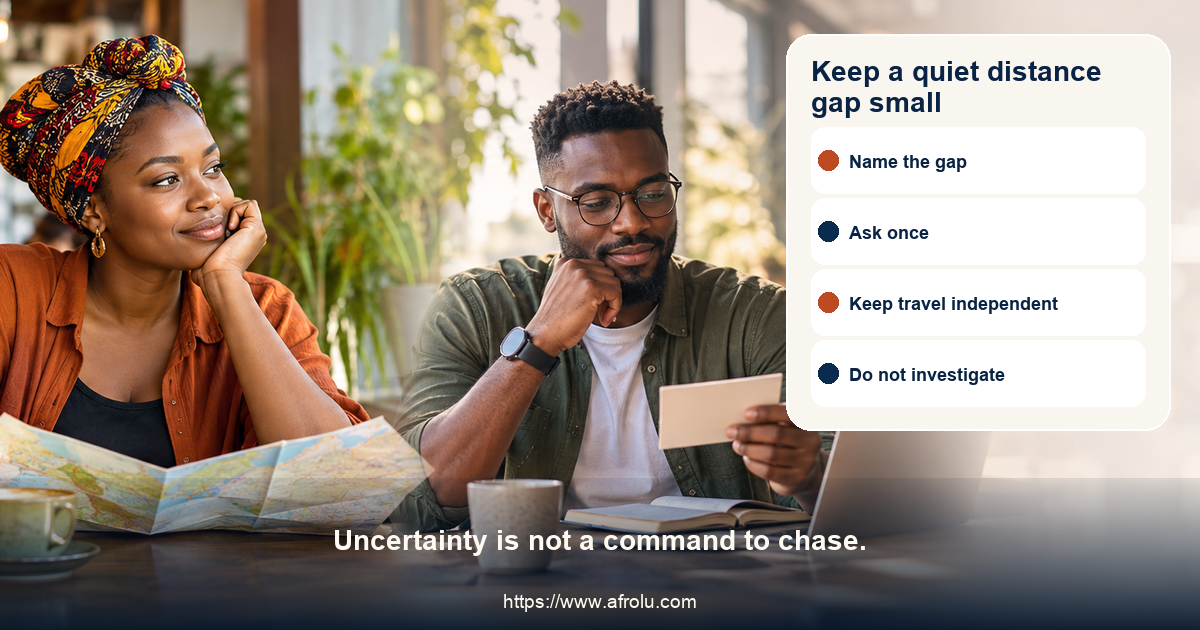 Two fictional adult new daters consider a quiet long-distance chat beside a calm map, planned video call, independent travel card, privacy lock and clear route home
