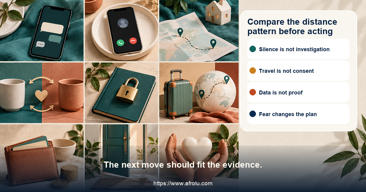 Nine-panel long-distance comparison contrasts a quiet chat, missed call, paused visit, reciprocal check, invasive demand, travel pressure, money request, reappearing contact and fear