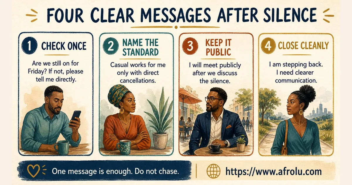 Four clear adult messages cover one check-in, a communication standard, a public meeting, and a clean ending.