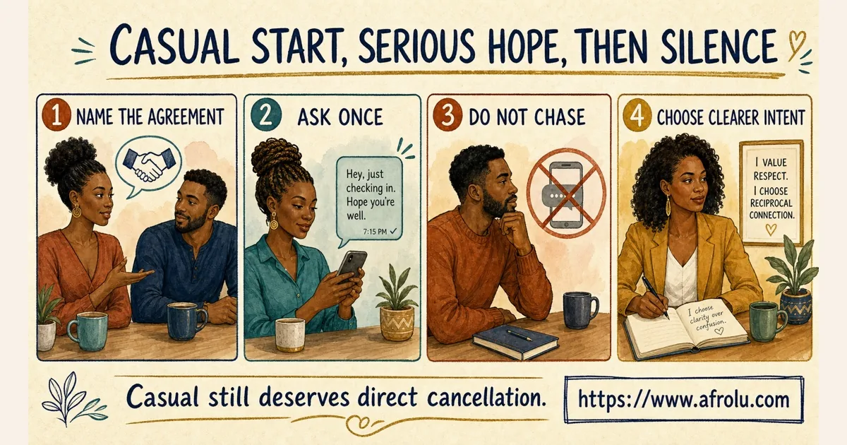 Four panels show adults naming a casual agreement, checking once, refusing to chase, and choosing clearer intent.