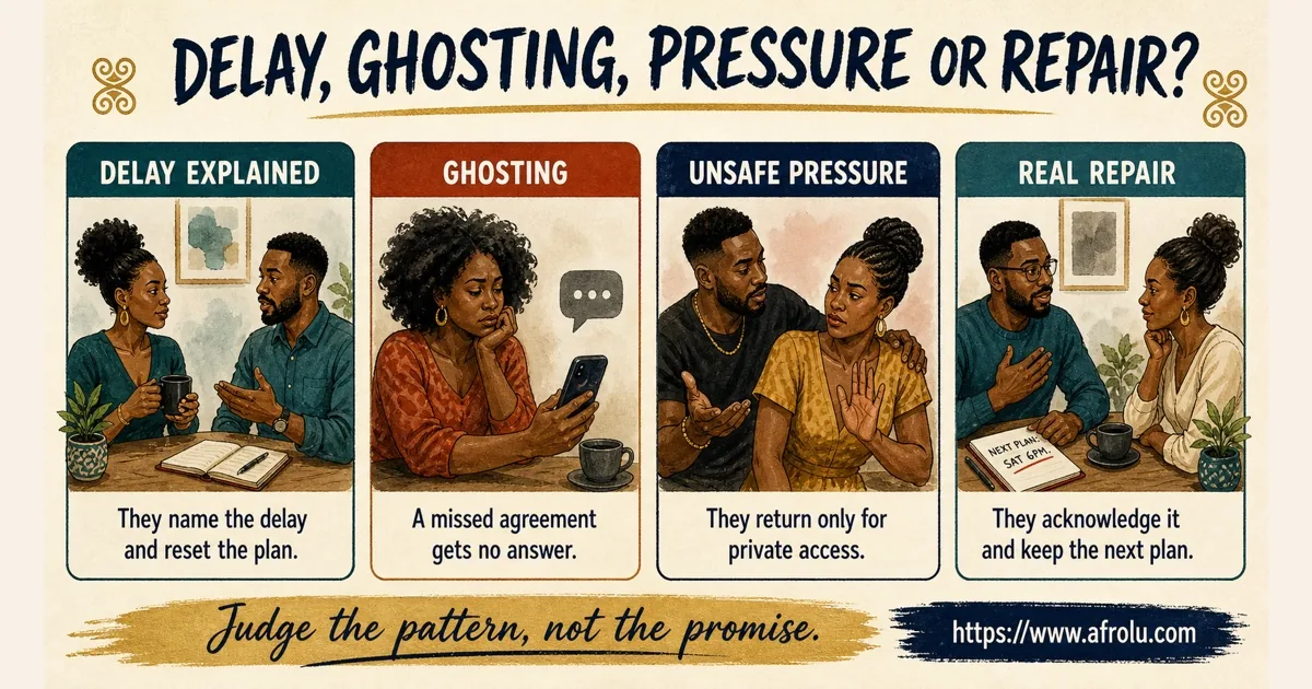 Four cards compare an explained delay, ghosting, unsafe pressure, and real repair.