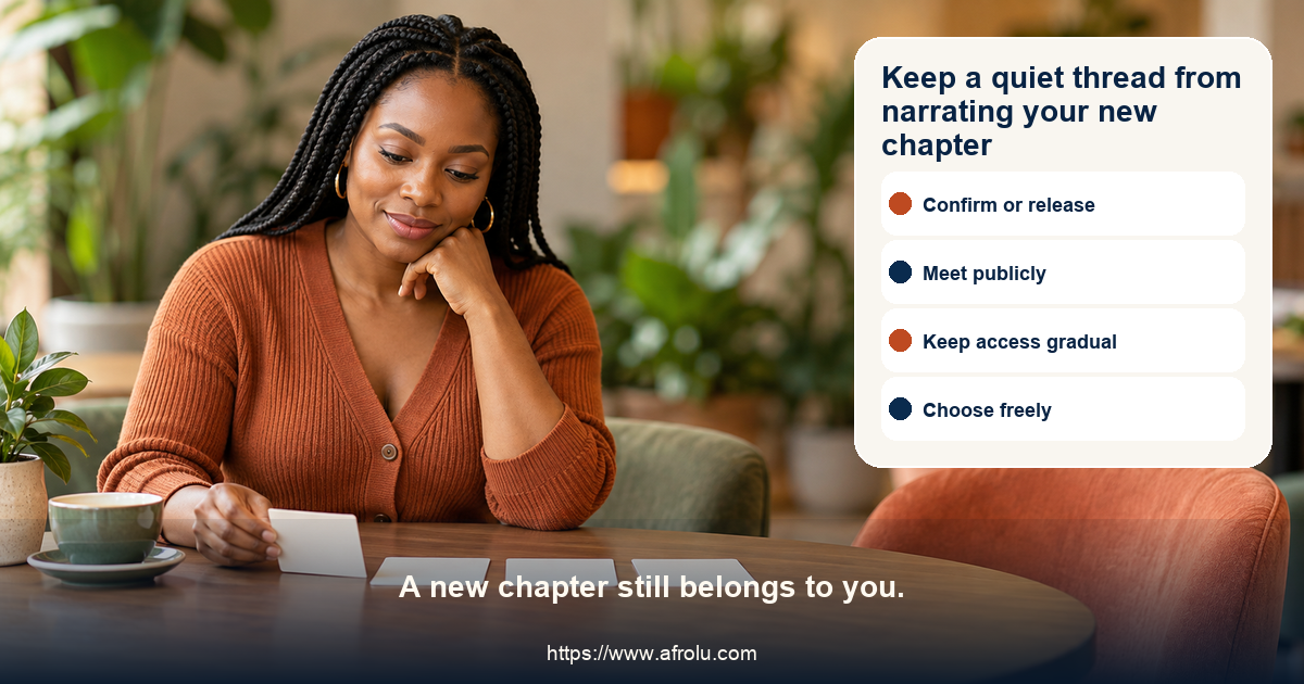 Fictional adult dater in a neutral public cafe reviews a serious dating choice map with confirm the plan, meet publicly, keep access gradual, and choose freely cards