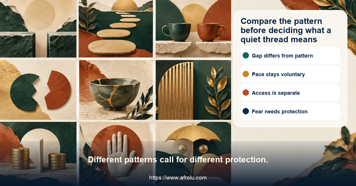 Nine-panel serious dating comparison contrasts a quiet gap, clear plan, compatible pace, mismatch, repair, access pressure, financial request, unwanted pursuit, and safety concern
