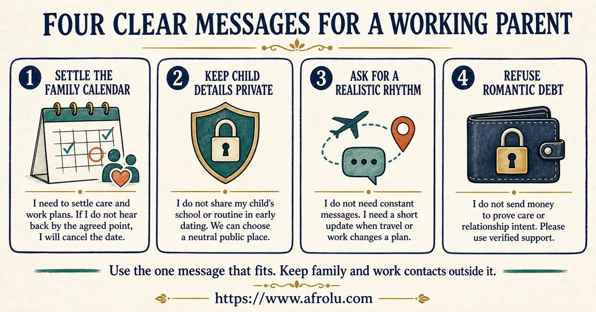 Four script cards help a working parent close a care-dependent date, keep a child’s school and routine private, request short work-travel updates, and refuse money as proof of care.