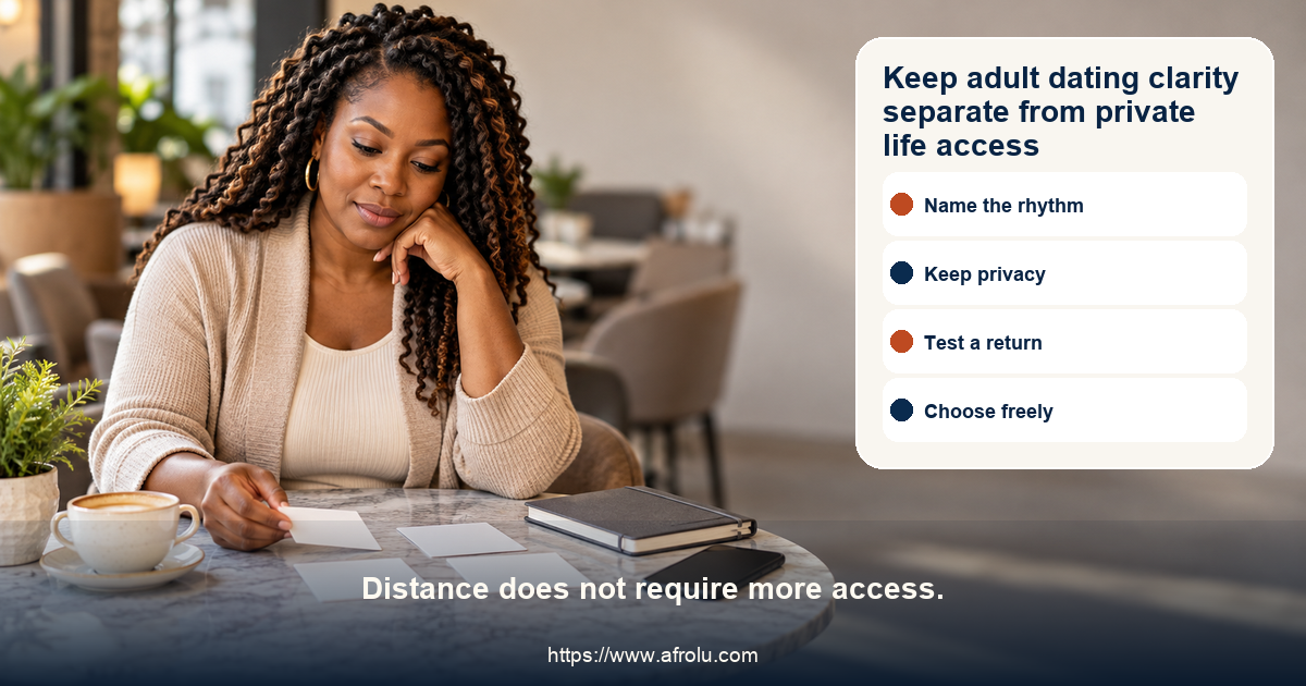 Fictional adult Black parent in a neutral public cafe reviews a long-distance dating clarity map with contact rhythm, private boundary, small restart, and choose freely cards
