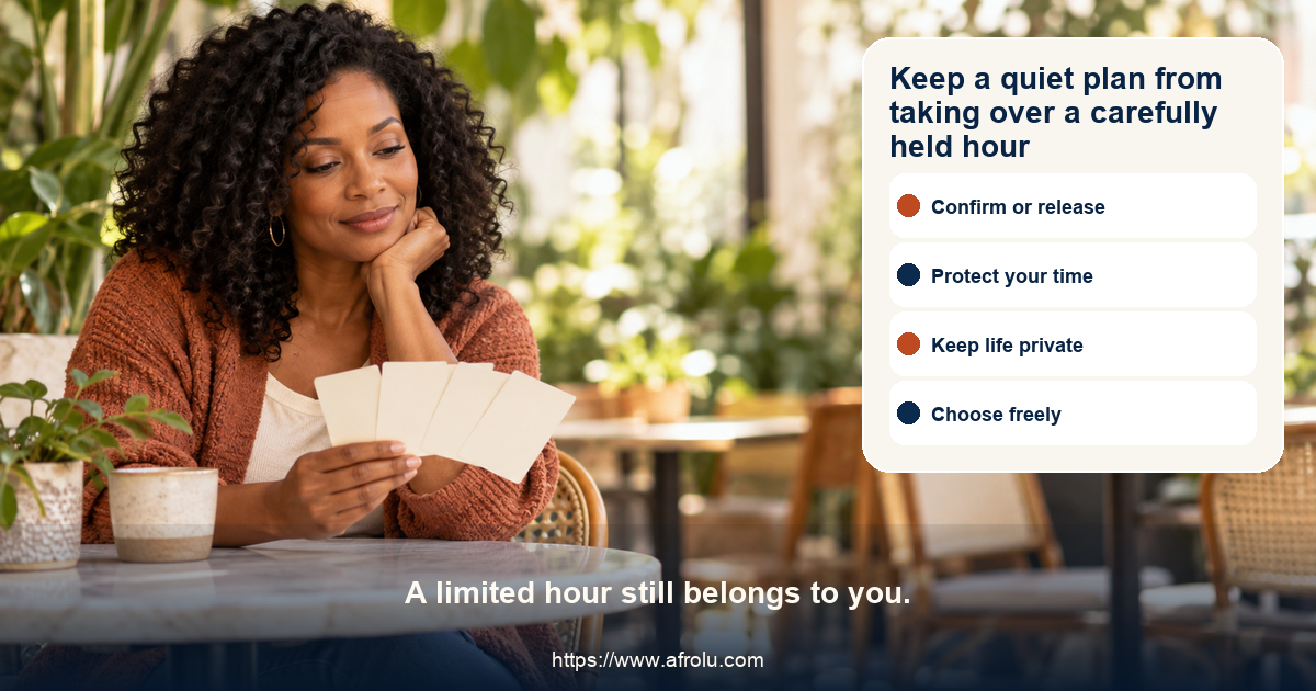 Fictional adult dater in a neutral public cafe reviews a low-pressure dating choice map with confirm the plan, protect time, keep life private, and choose freely cards